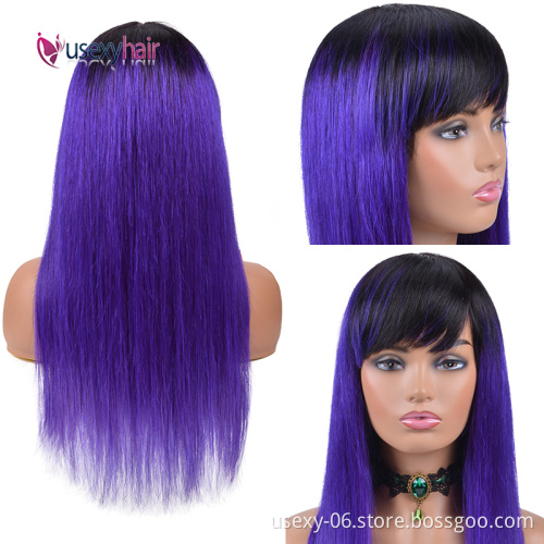 Pre Colored Human Hair Wigs With Bangs 1B Purple Ombre Color Raw Indian Hair None Lace Wigs For Black Women